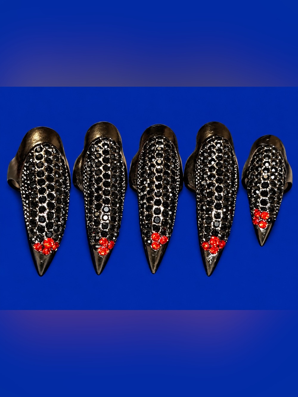 Black Rhinestone Claw Rings - Red Crystal Accents - Set of 5